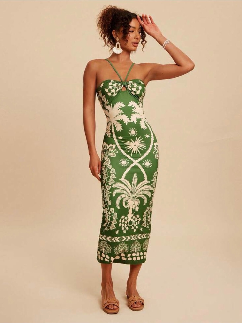 SHEIN Green and White Tropical Print Midi Bodycon Dress